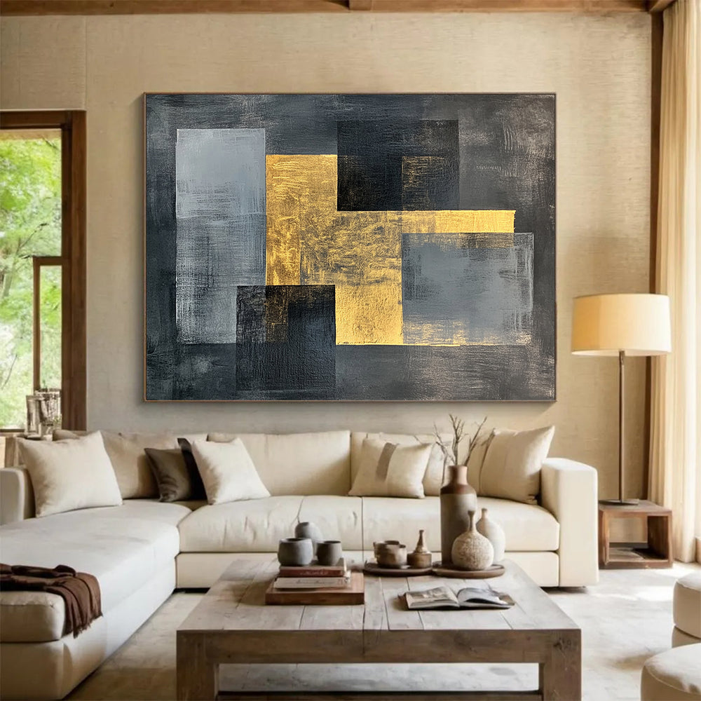 Gray, Black, Gold and White Geometric Fusion "Balanced Fusion" Painting On Canvas HB348