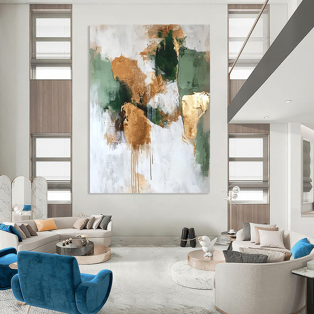 Contemporary abstract artwork features neutral greens and browns with gold foil accents on a white background, perfect for modern decor. DLZ0681