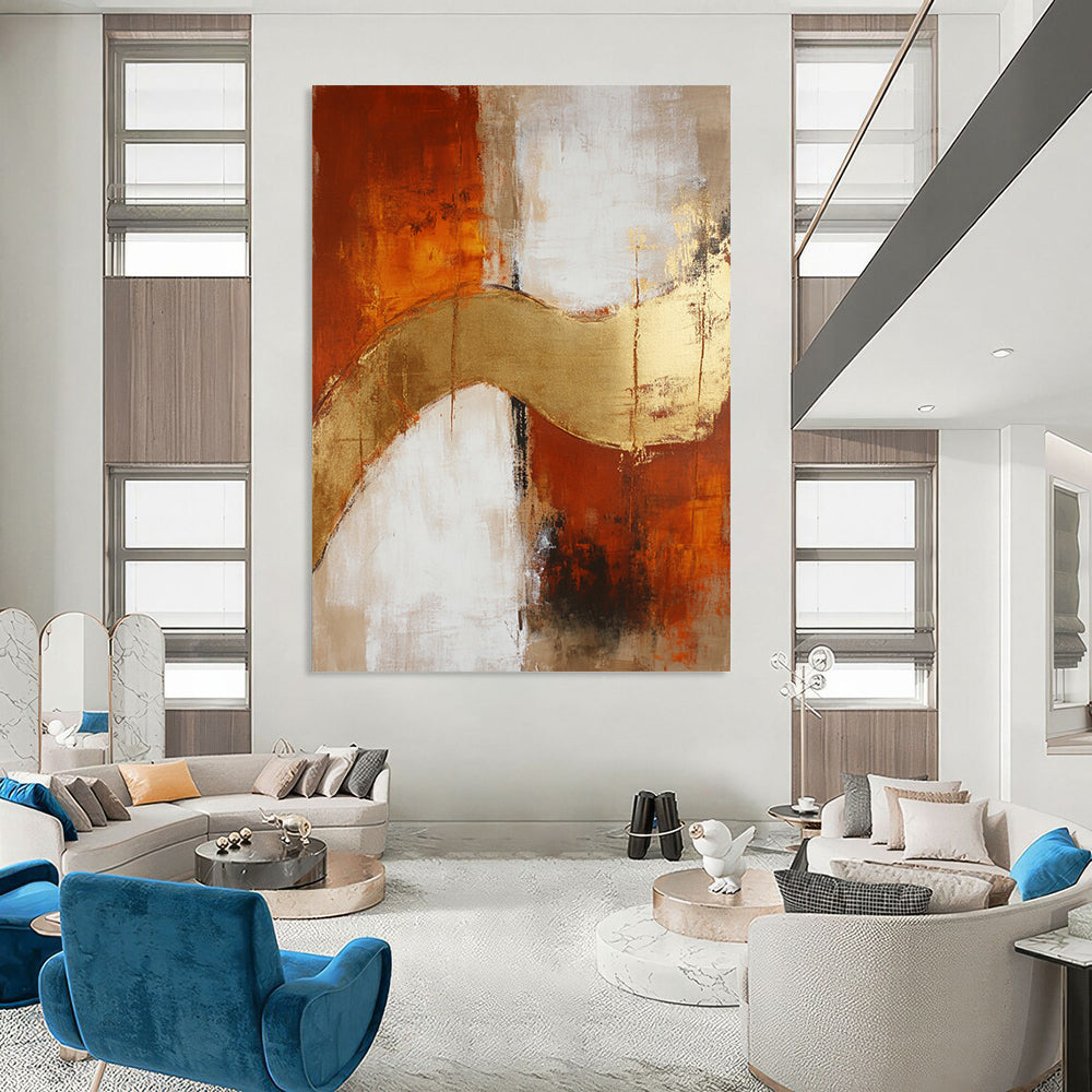 Large contemporary hand-painted abstract artwork featuring beige and rust hues, elegantly accented with gold details. DLZ0726
