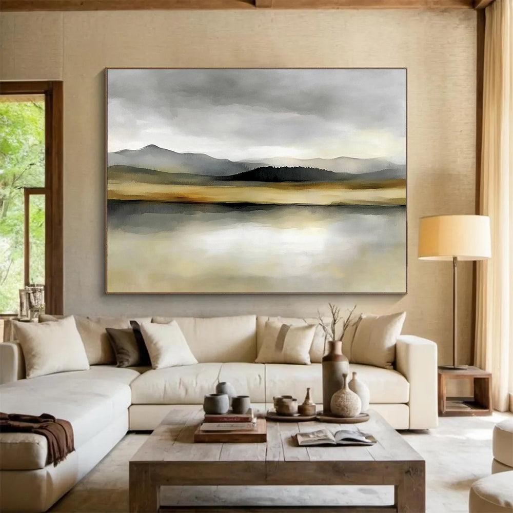 “Misty Mountain Lake” - Gray, Beige, Green, Layered Mountains and Reflective Lake Painting On Canvas HB0916