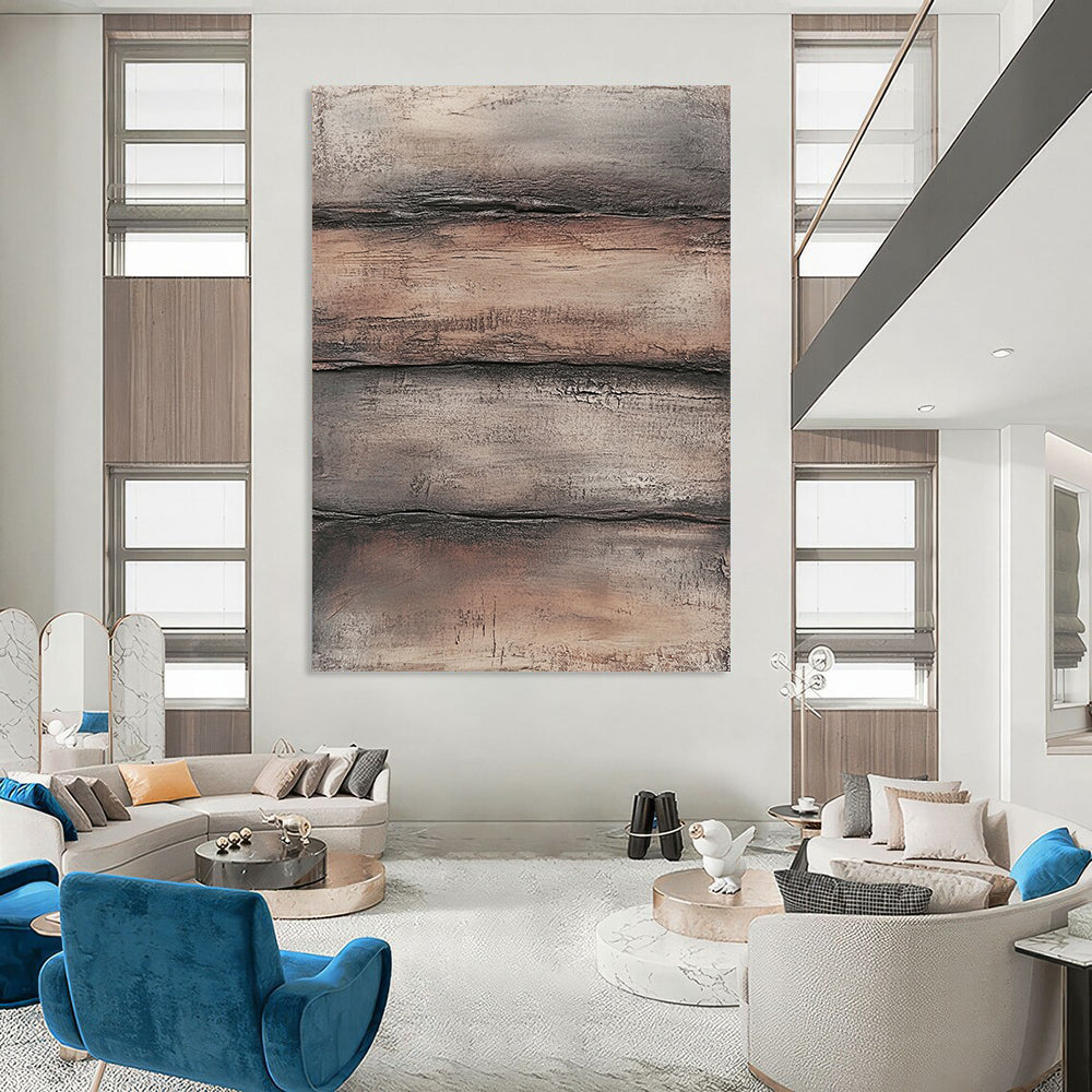 Contemporary hand-painted abstract art featuring textured layers of brown and gray evoking weathered wood in a rugged industrial style. DLZ1480