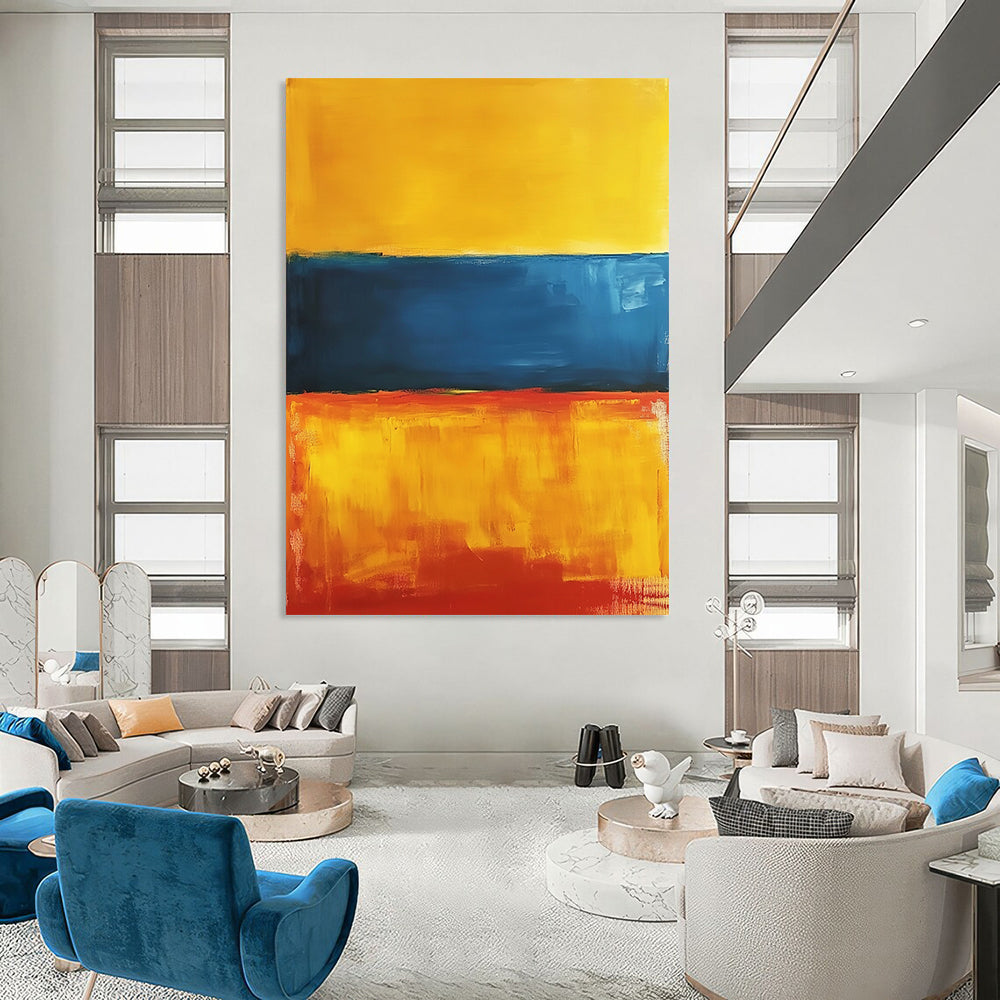 Contemporary abstract artwork featuring a vibrant interplay of orange, blue, and yellow hues, inspired by minimalist aesthetics. DLZ1354
