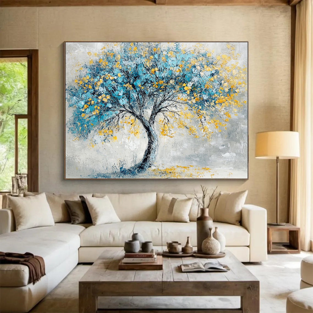 “Blue - Yellow Tree” - Gray background, blue foliage, yellow blossoms, Textured Tree Painting On Canvas HB0589