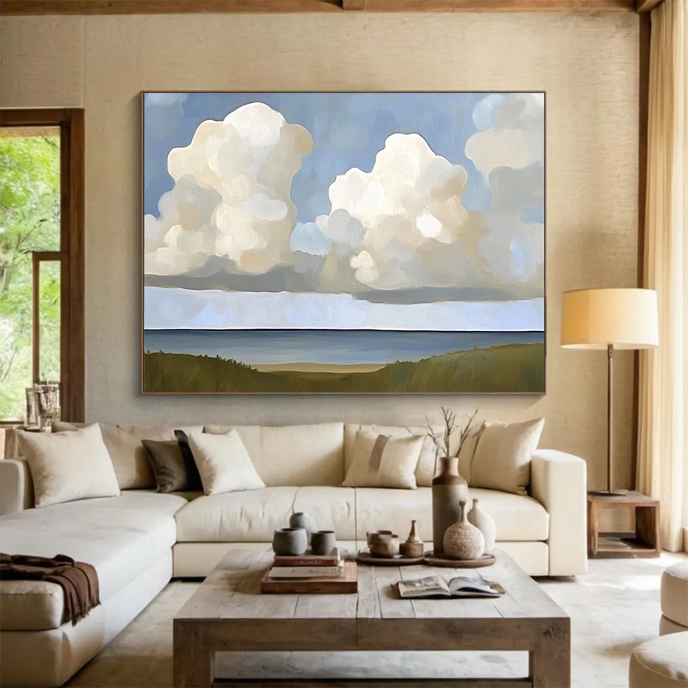 “Cloudy Coastal View” - Blues, Whites, Greens, Clouds Over the Sea with Grasslands - Minimalist Acrylic Painting HB1708