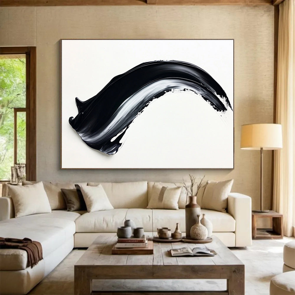 Minimalist Black & White Stroke - Simple Abstract Oil Painting On Canvas HB0480