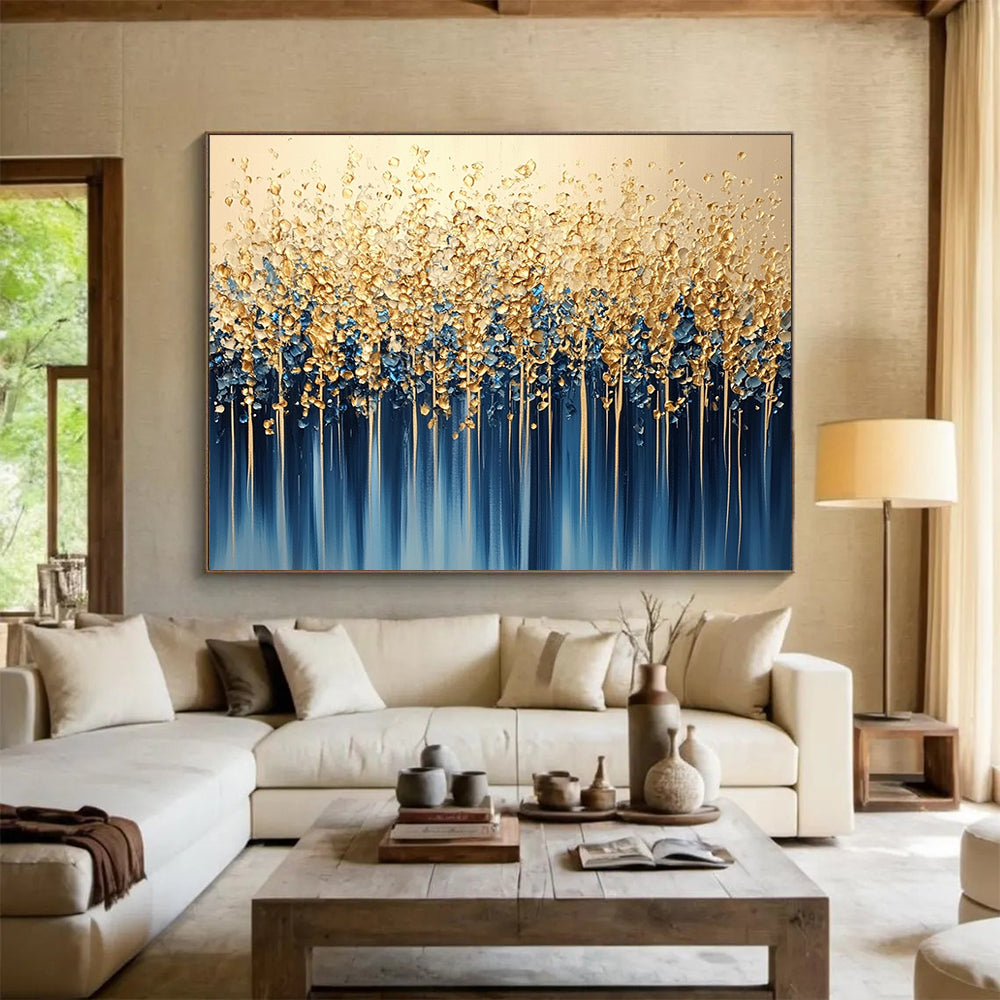 “Golden Forest Cascade” - Gold, Blue, White, Abstract Tree - like Forms with Drips Painting On Canvas HB1085