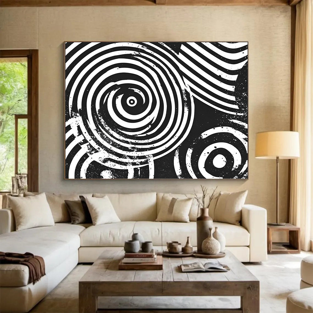 Black and White Concentric Circles "Perceptual Spin" Painting On Canvas HB284