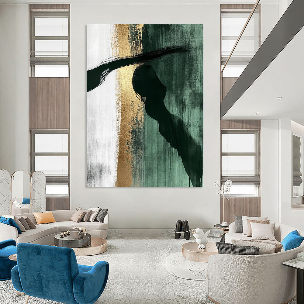 Abstract painting features dark green white gold hues with large brushstrokes a shadowy profile figure evokes calmness and contemplation in a textured watercolor style. DLZ1329