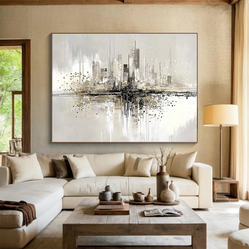 “Cityscape Reflection” - Gray, Beige, Black with Urban Reflections - Abstract Acrylic Painting HB1343