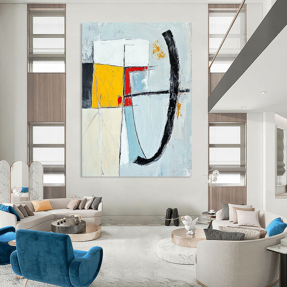 Contemporary abstract painting featuring bold brushstrokes in gray blue yellow and white with a striking red line and unique shapes on a white background. DLZ0637
