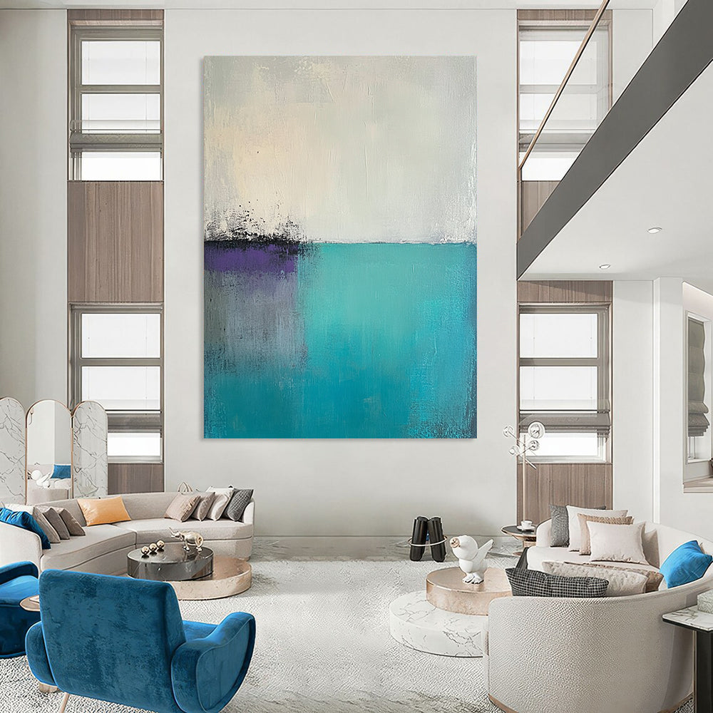 Contemporary abstract artwork features large brush strokes and palette knife textures in light teal gray and greenish-blue with a foggy minimalist landscape and pale purple sky. DLZ0627