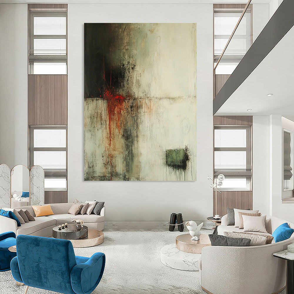 Contemporary hand-painted abstract art featuring faded whites dark browns and vibrant reds with atmospheric effects and soft edges. DLZ0902