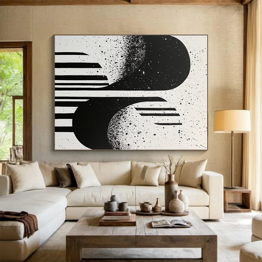 Black, White, Splattered Shapes "Ink Splatter Silhouettes" Abstract Expressionist Painting On Canvas HB175