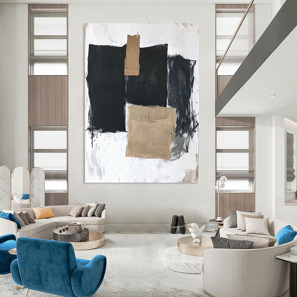 Contemporary hand-painted abstract art featuring three large black squares, one with brown tape, on a white background with thick dark gray strokes. DLZ1335