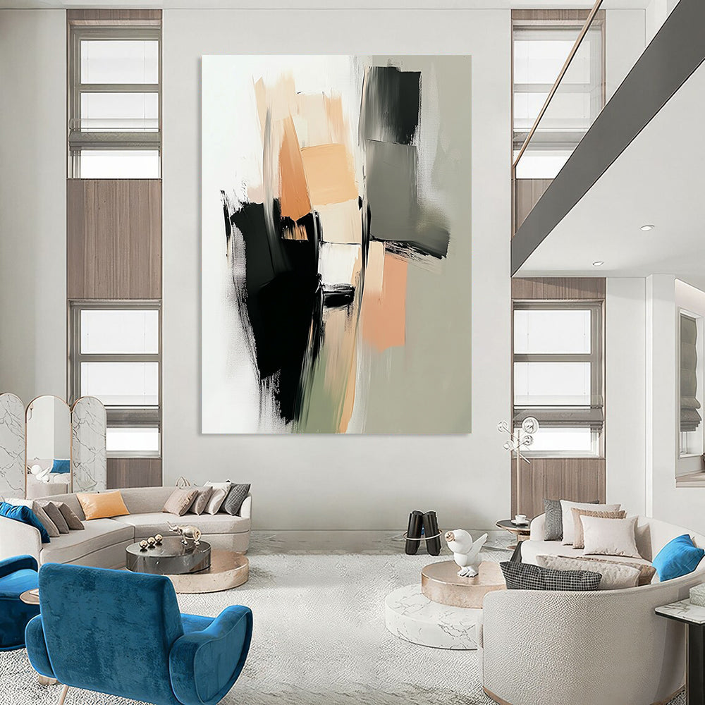 Contemporary hand-painted abstract art featuring thick brushstrokes in neutral tones of beige and black with geometric shapes and soft edges. DLZ0430