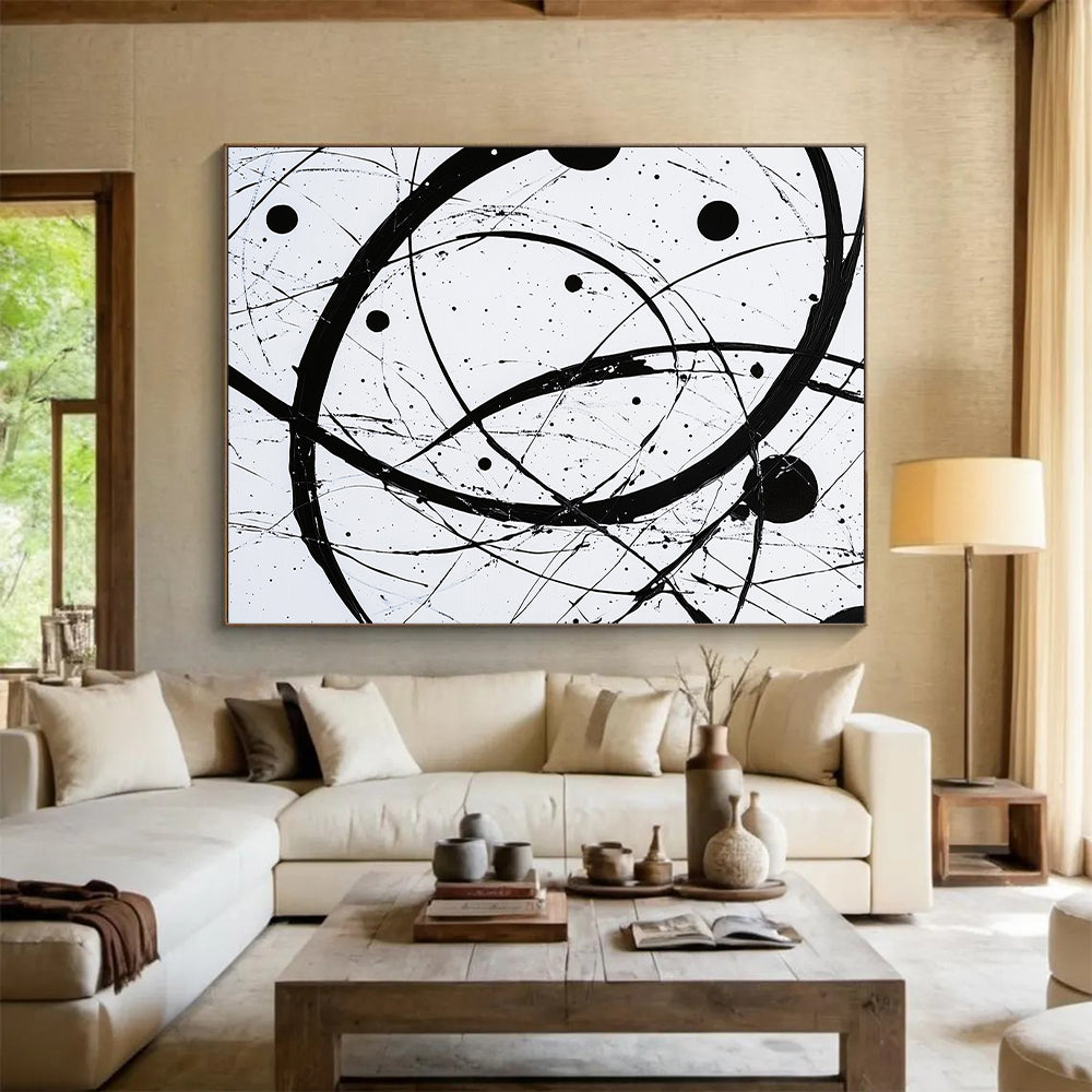 Black, White, Intertwined Circles "Monochrome Orbits" Abstract Modernist Painting On Canvas HB102