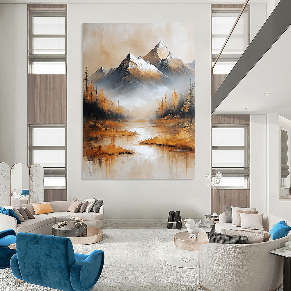 Contemporary abstract oil painting features golden mountains with a snow-capped background in a minimalist beige and gold color scheme. DLZ0481