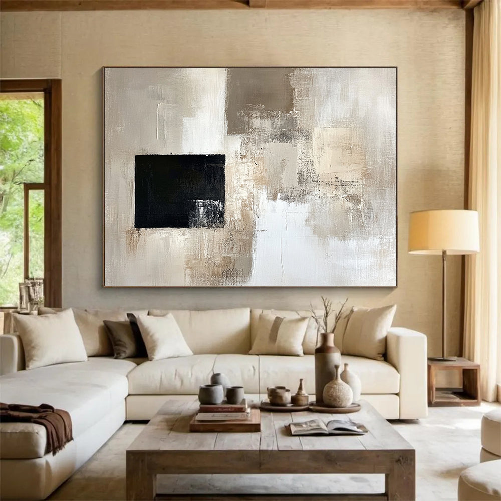 “Subtle Neutrals with a Bold Black Square” - Beige, gray, white, black; Abstract neutral blocks with a black square; Oil Painting On Canvas HB1227