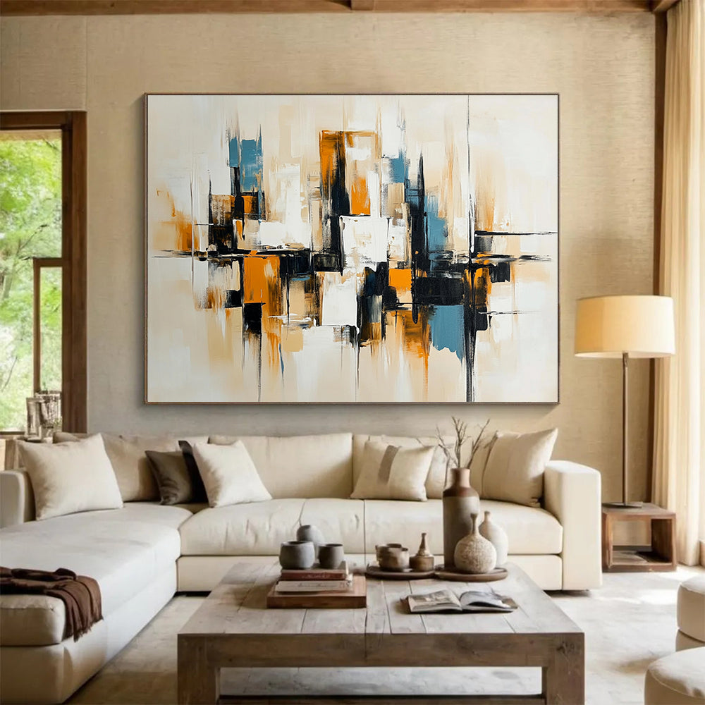 “Neutral Urban Abstraction” - Beige, Black, White, Abstract Minimalist Cityscape Painting On Canvas HB1081