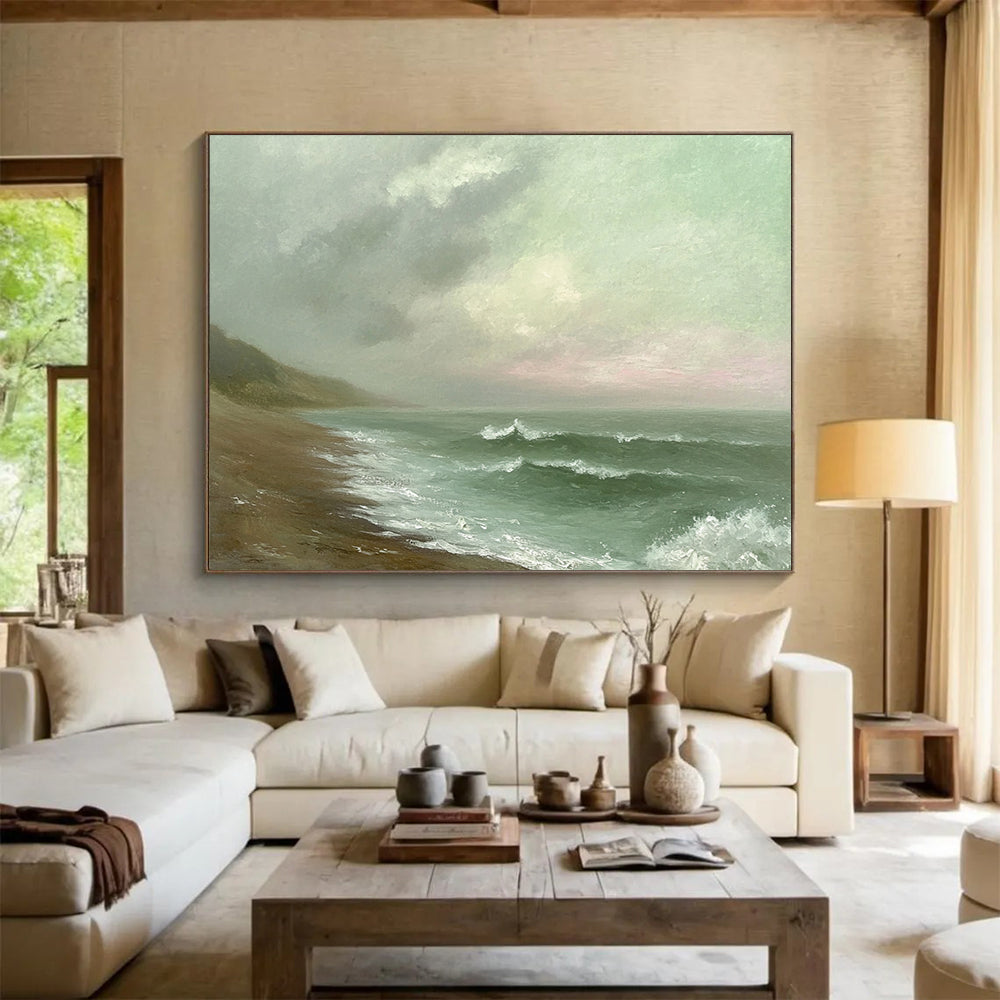Green, Gray, Brown and White Misty Seaside "Moody Shore" Painting On Canvas HB0668