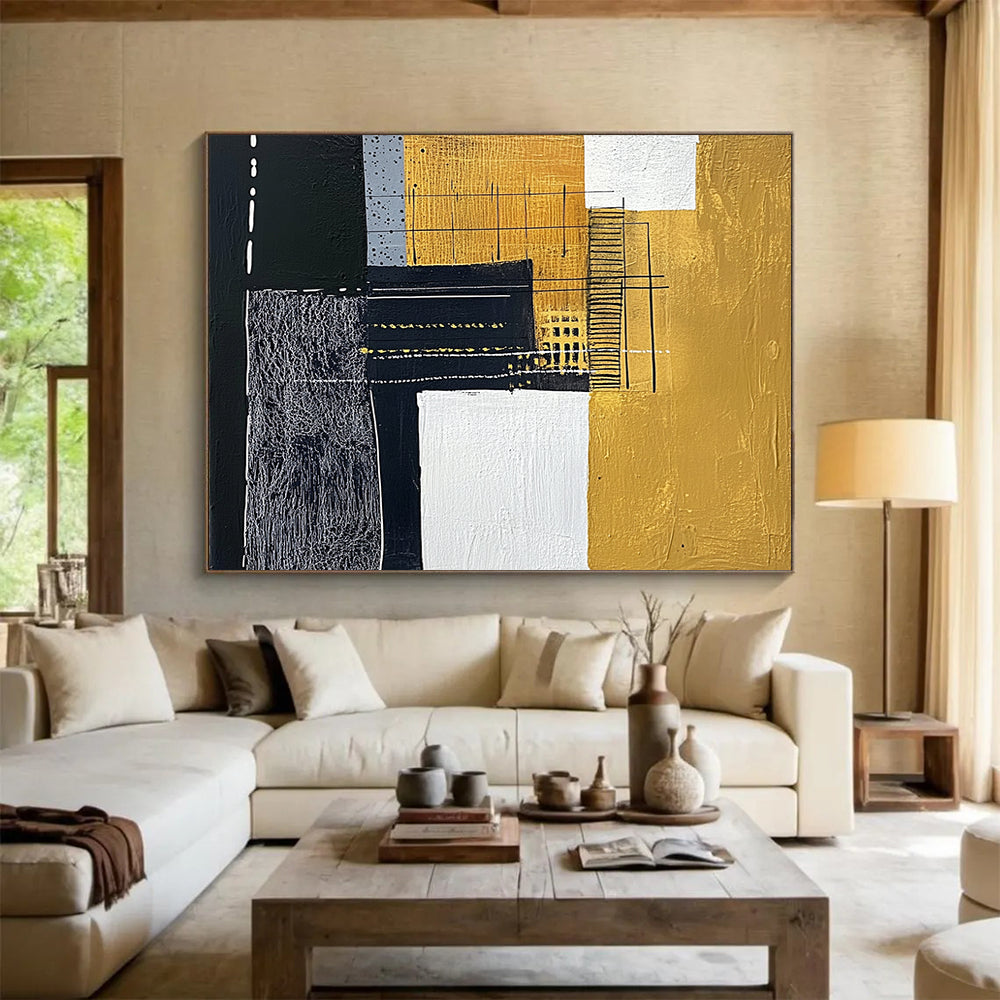 “Black Gold White Geometric Mix” - Black, gold, white, gray; Geometric abstract with mixed textures HB1292