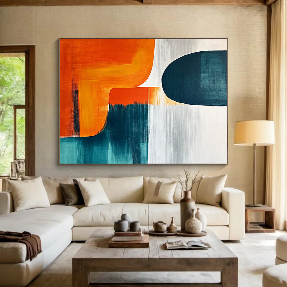 “Color - Blocked Abstract” - Orange, teal, white; Color - blocked abstract with soft transitions; Acrylic Painting On Canvas HB1270