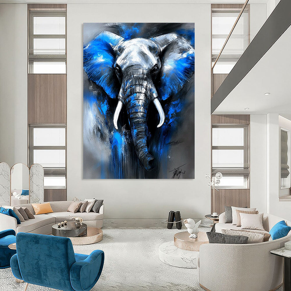 Contemporary abstract artwork featuring an elephant in blue and gray tones with expressive brushstrokes and dramatic lighting, capturing a powerful presence. DLZ1087