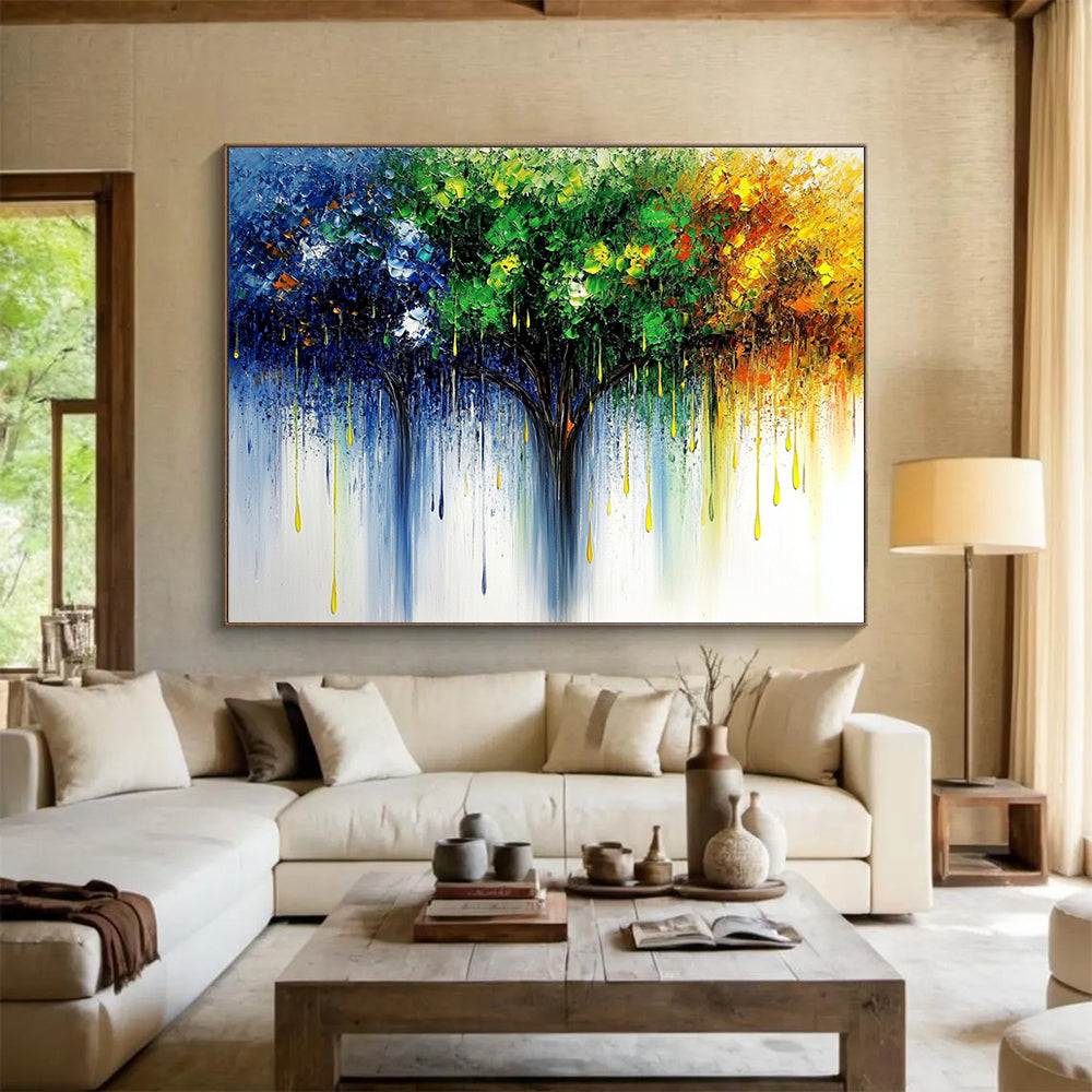 “Colorful Dripping Tree” - Blue, Green, Yellow, Orange - Impasto Dripping Tree - Oil Painting HB1329