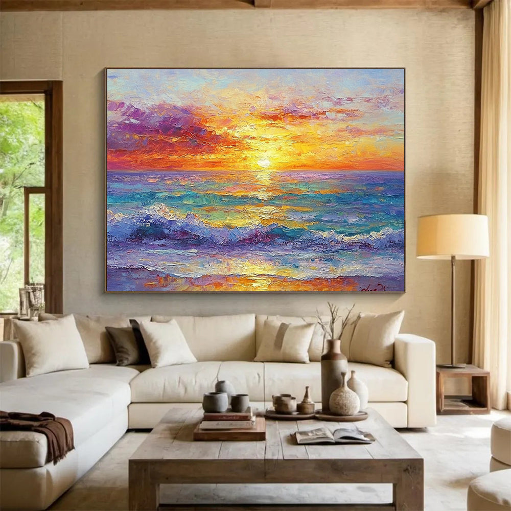 “Vibrant Sunset Over Ocean” - Oranges, Pinks, Purples, Blues, Ocean Sunset - Impasto Oil Painting HB1566