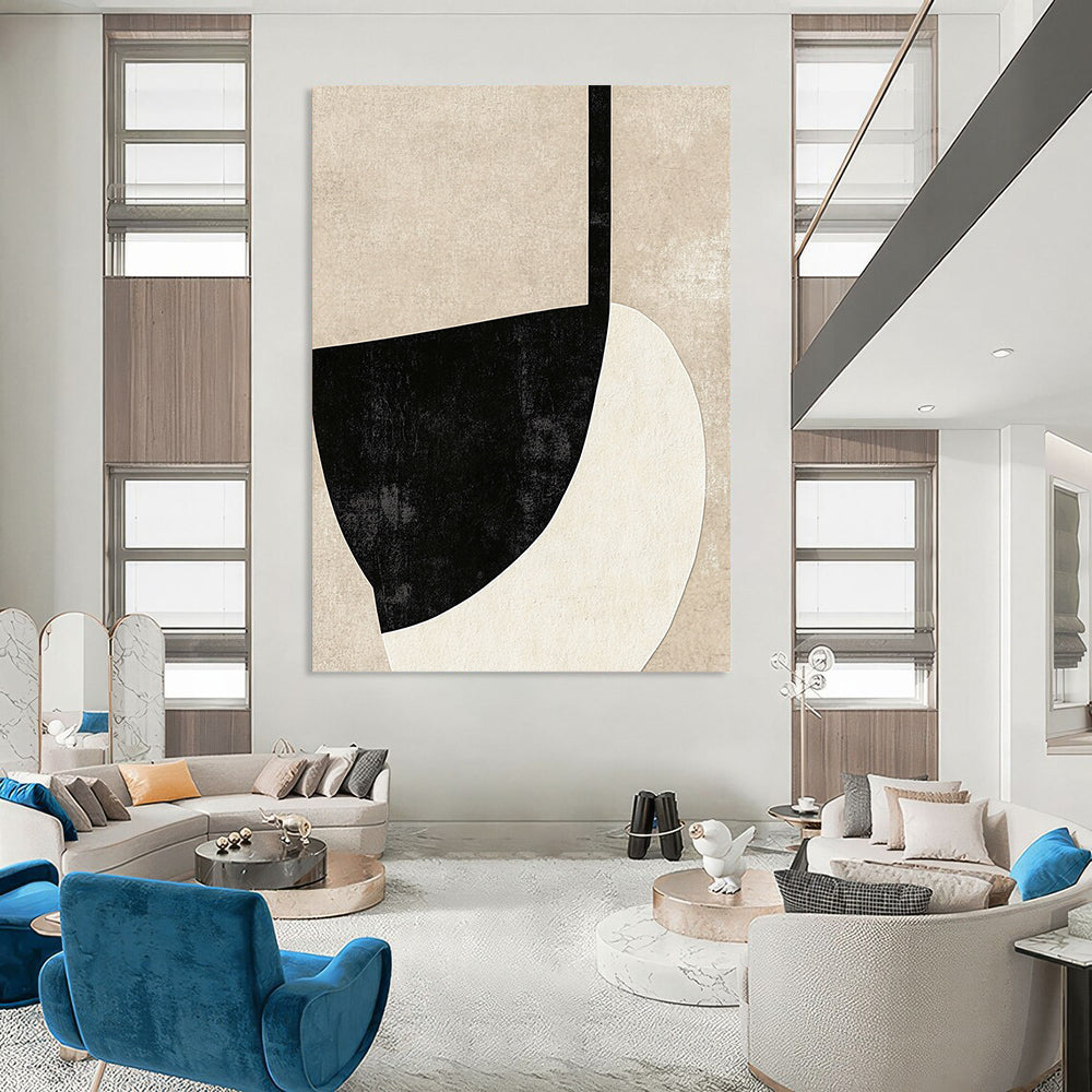 Contemporary hand-painted abstract artwork featuring bold black outlines on textured beige background ideal for minimalist wall decor. DLZ1467