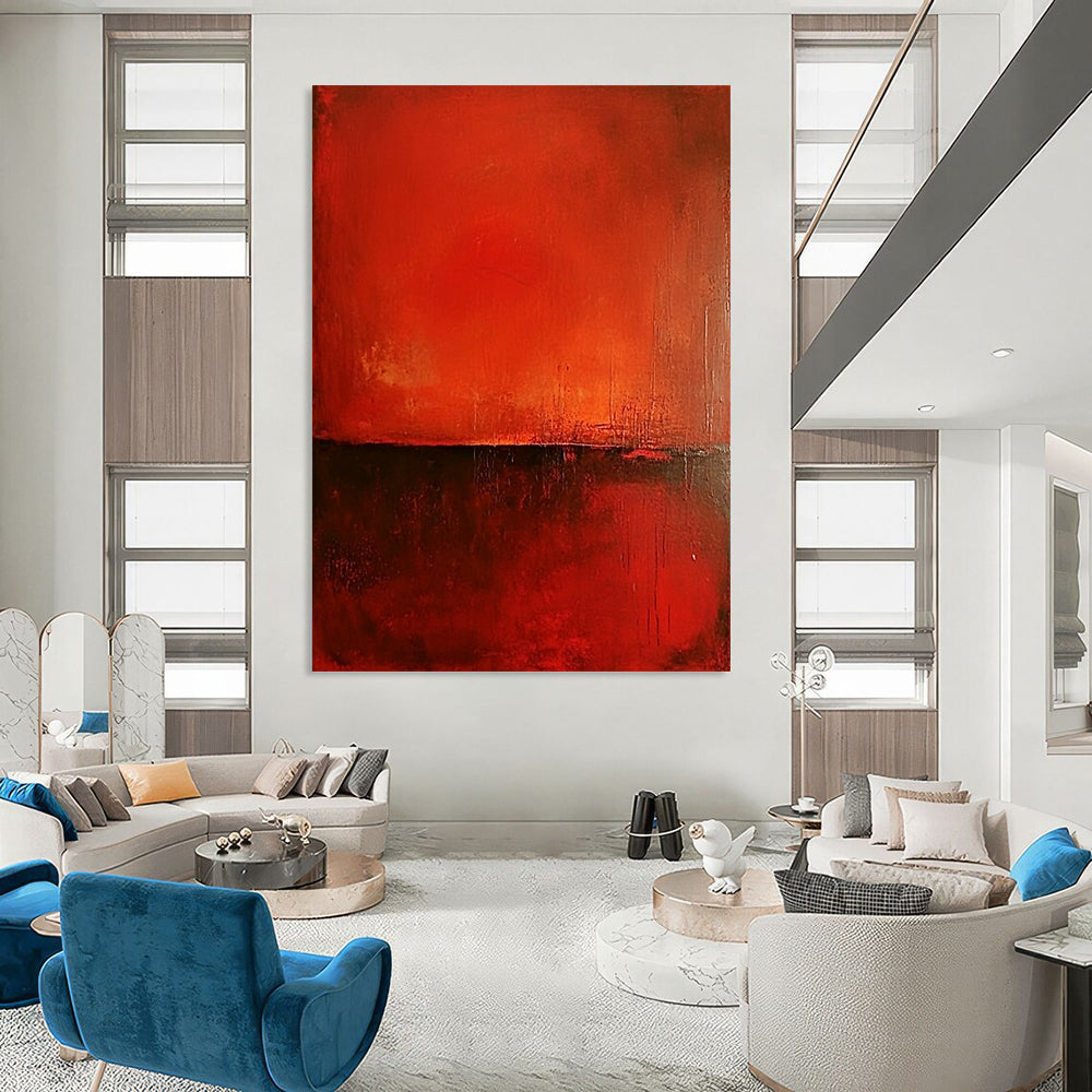 Contemporary abstract painting features a rich red background, smooth red surface, and warm dark brown accents, creating minimalist atmospheric depth and intriguing textures. DLZ1448
