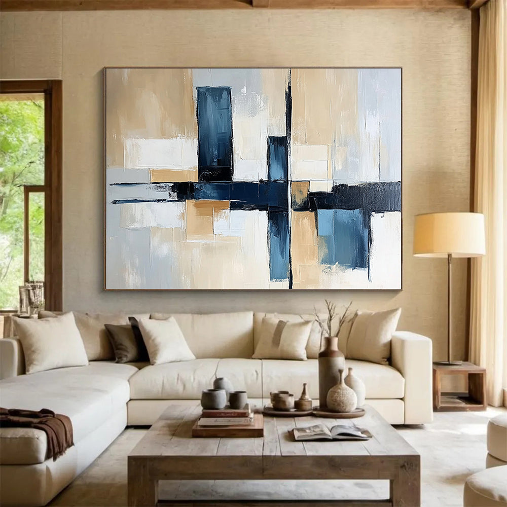 “Blue and Beige Geometric Abstract” - Blue, beige, gray, white; Geometric abstract with a cross design; Acrylic Painting On Canvas HB1262