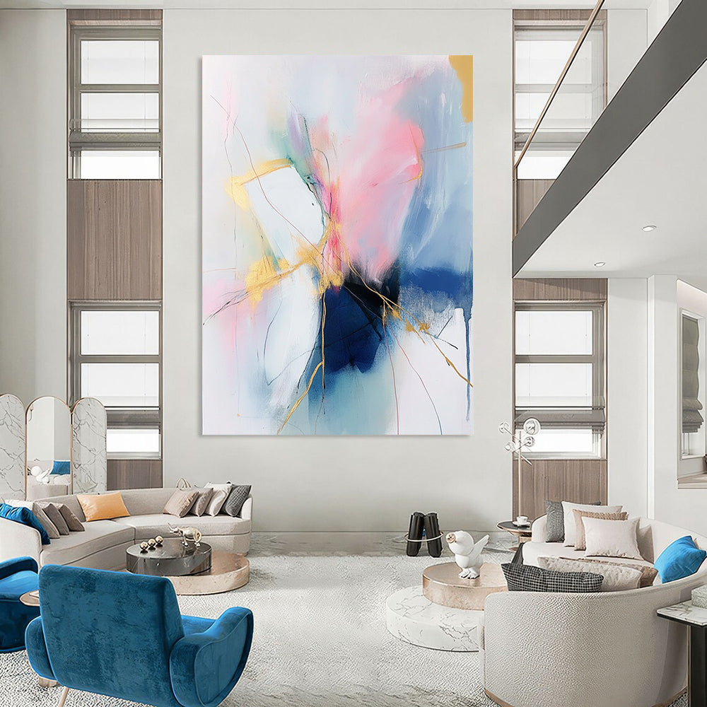 Large contemporary hand-painted abstract art featuring soft pink and blue tones with gold accents on a white background, creating an atmospheric and fluid composition. DLZ0806