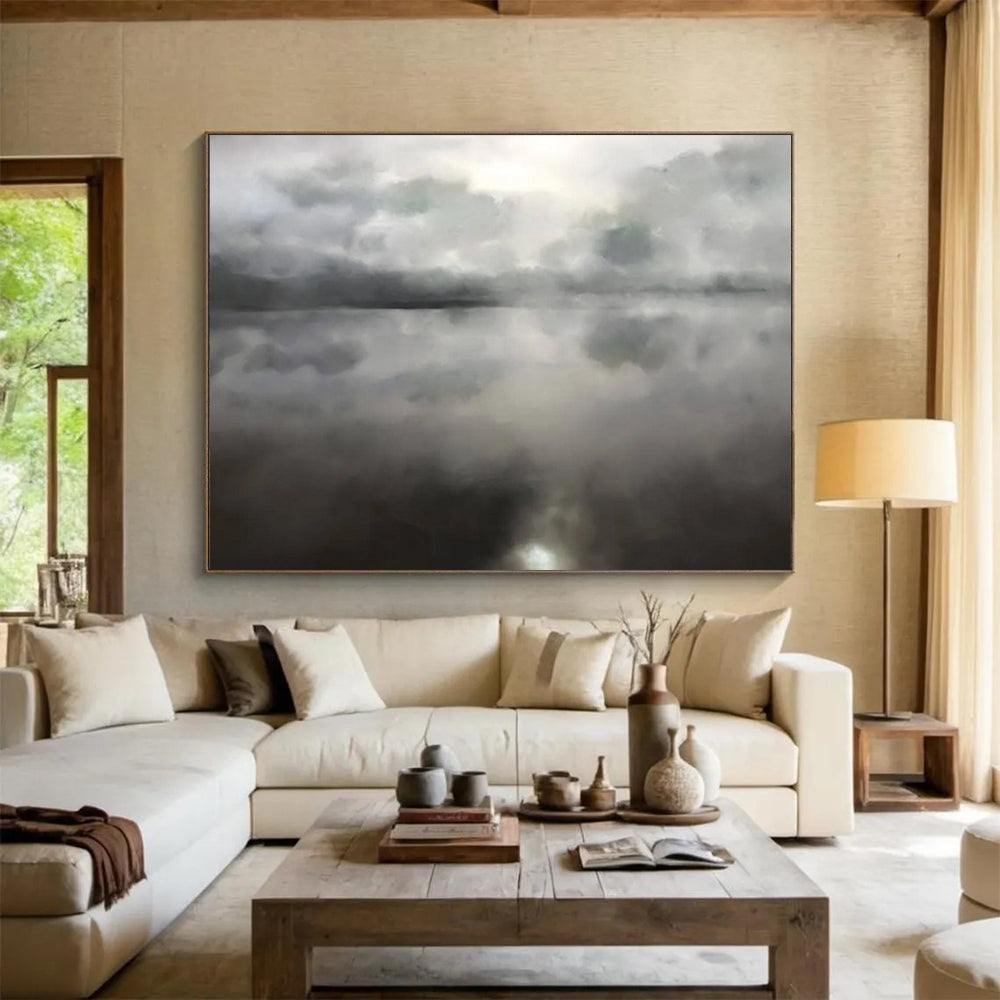 Monochrome Lake Reflection - Oversized Calm Bathroom Art DLZ124