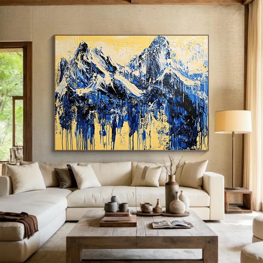 “Mountain Streams of Blue and Yellow” - Blue, yellow; Abstract mountain peaks; Drip - style Acrylic Painting On Canvas HB1187