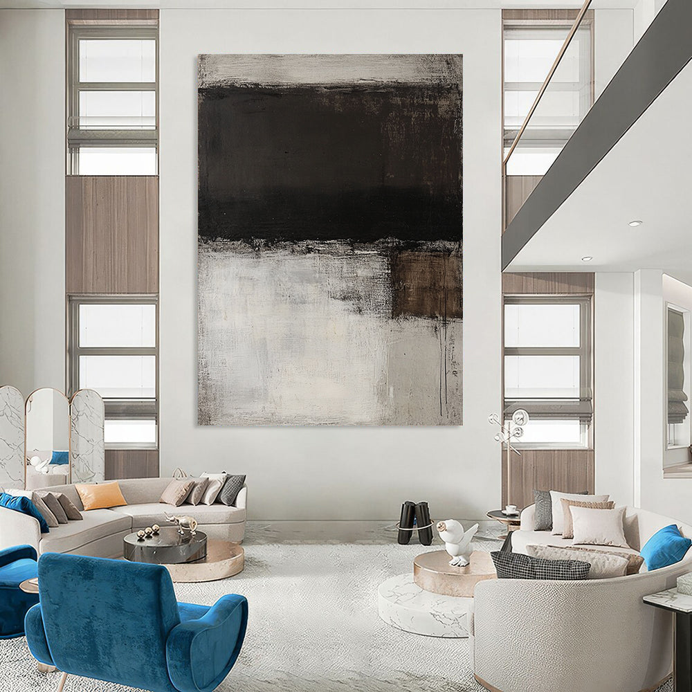 Contemporary hand-painted abstract art featuring a monochromatic white and grey palette with dark brown stripes and rich textured brush strokes on wood panel. DLZ1079