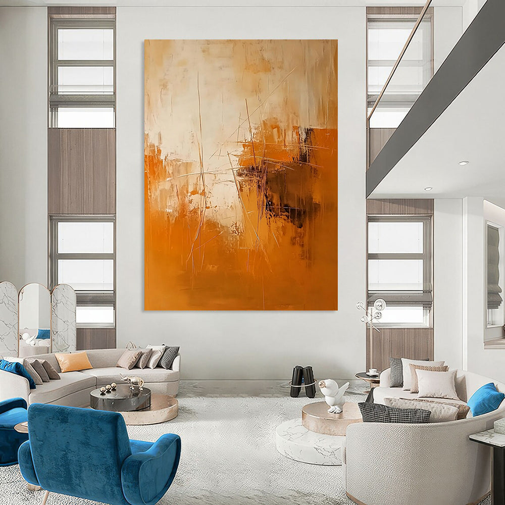 Contemporary hand-painted abstract artwork featuring warm orange and brown tones with textured brushstrokes and dynamic shapes adding depth in beige and white. DLZ1069