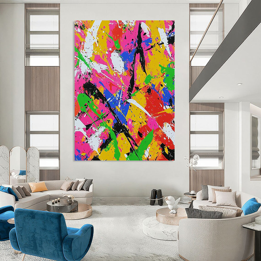 Dynamic contemporary abstract art featuring chaotic splatter in neon colors with bold brushstrokes evokes joy and energy for vibrant spaces. DLZ1256