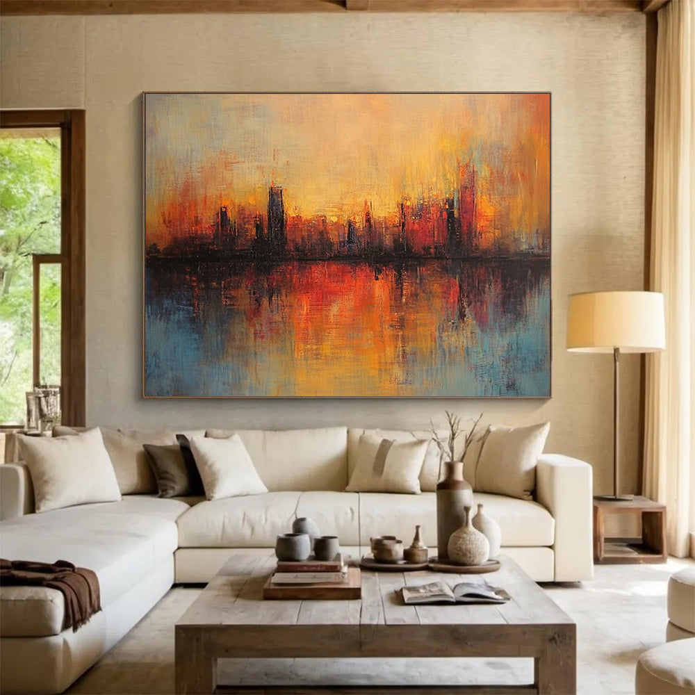 “Sunset City Reflection” - Orange, Red, Blue, Abstract City Sunset Reflection HB1135