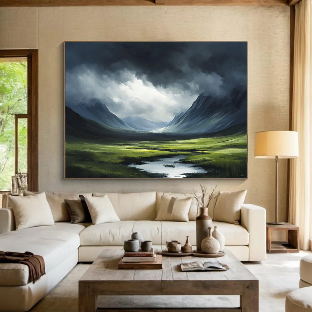“Moody Mountain Landscape with Light” - Green, Blue, Gray, Dramatic Mountain Scene - Oil Painting HB1643