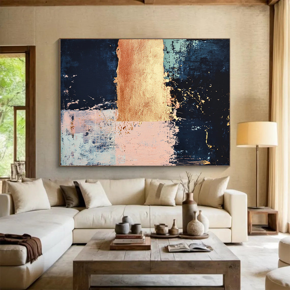Dark Blue, Light Blue, Pink, Gold, Geometric Blocks "Coastal Opulence" Abstract Painting On Canvas HB031