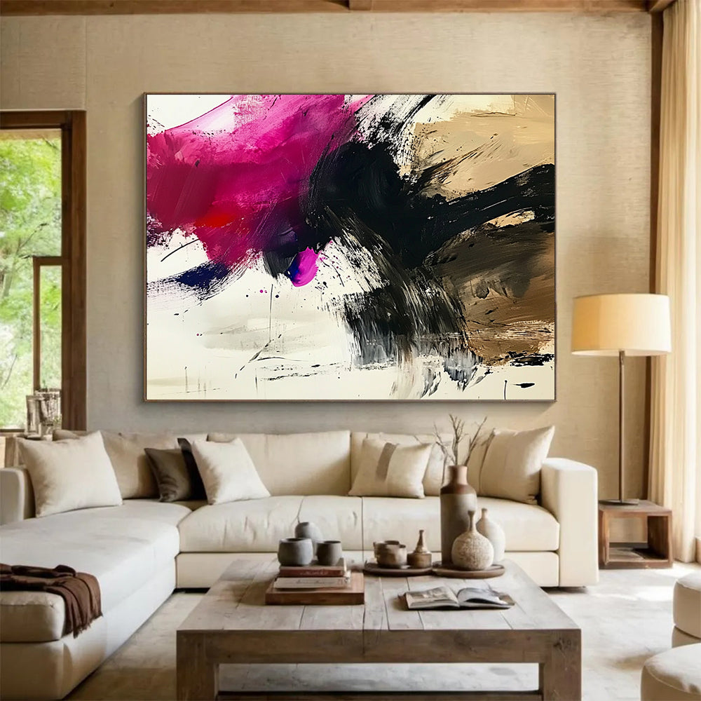 “Vibrant Abstract Splashes” - Pink, Black, Purple, Dynamic Abstract Splashes Painting On Canvas HB0970
