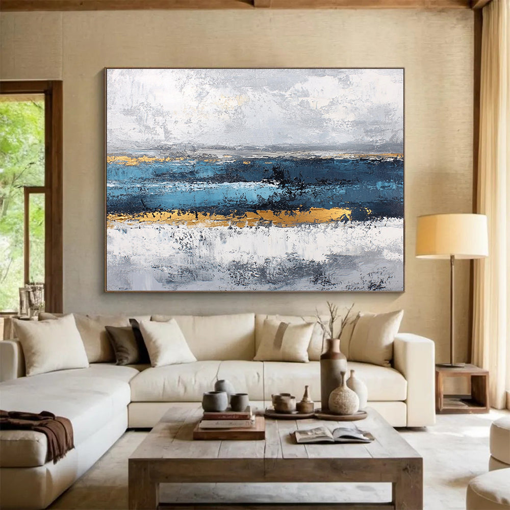 “Gray - Blue Abstract with Gold Accents” - Gray, Blue, Gold, Horizontal Strokes Painting On Canvas HB0838