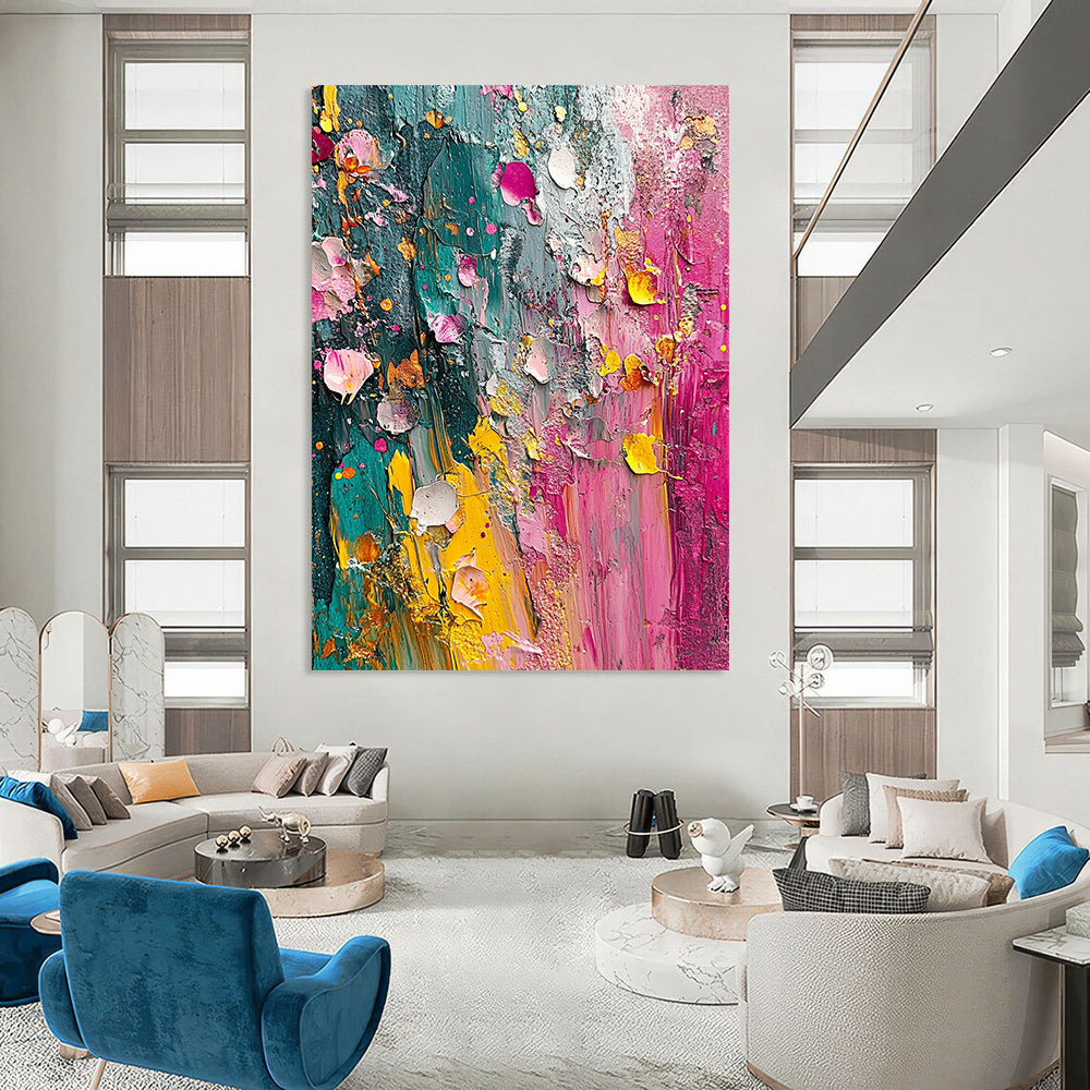 Contemporary hand-painted abstract artwork featuring vibrant colors and textured layers inspired by nature evoking the essence of springtime. DLZ1190
