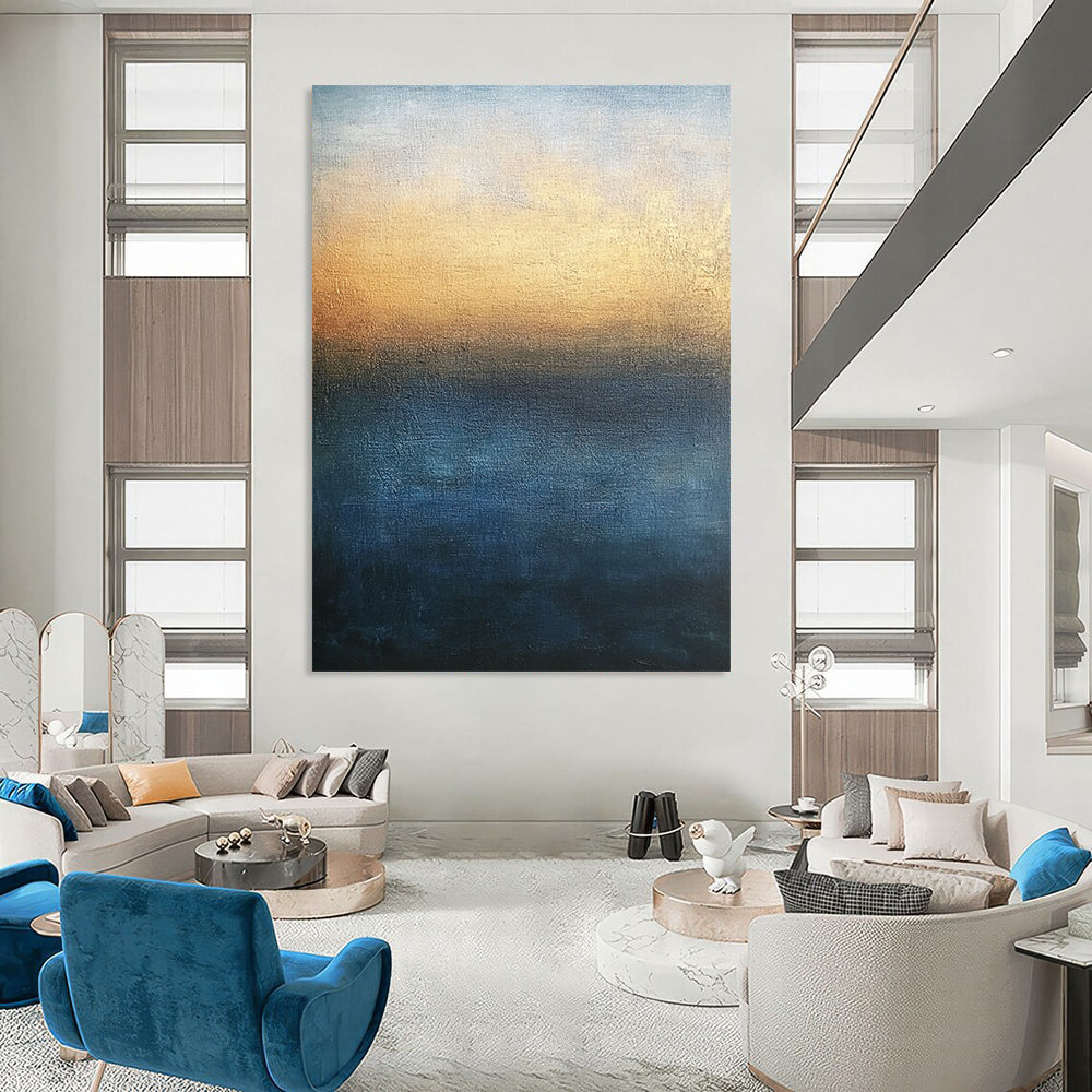 Contemporary large abstract painting with minimalist style in blue and brown tones featuring soft edges gradient sky and tranquil sea for serene atmosphere. DLZ0401