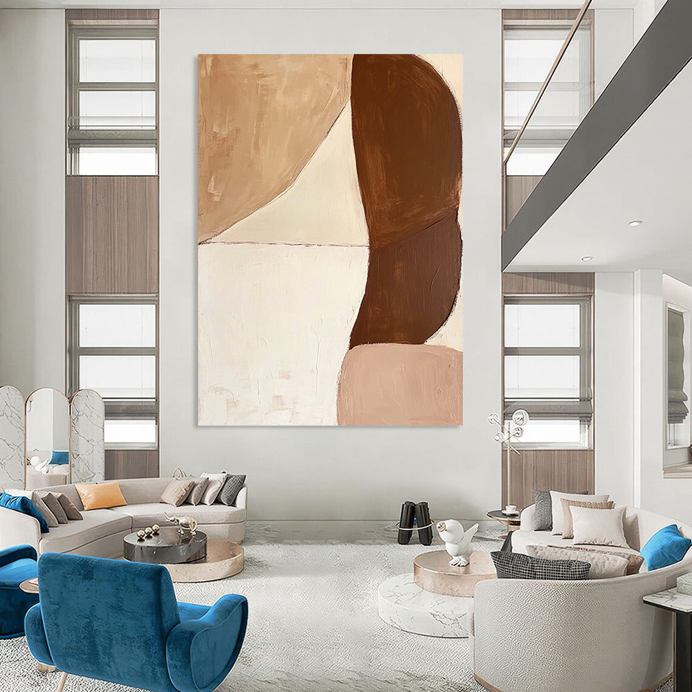 Large contemporary hand-painted abstract art featuring brown and white shapes with contrasting soft curves and bold forms for a dynamic composition. DLZ0639