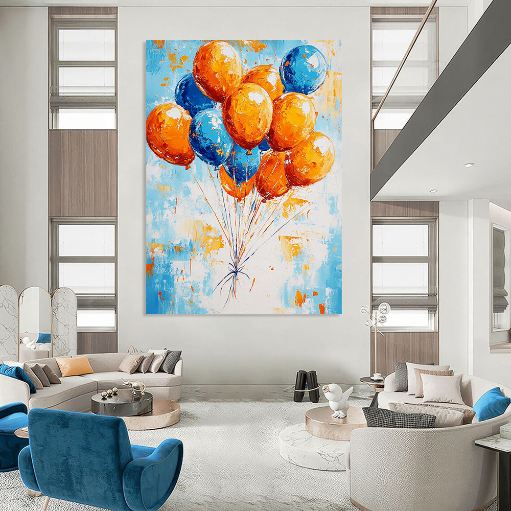 Contemporary abstract painting featuring vibrant orange and blue balloons floating against a bright sky evoking a joyful celebration in dynamic brush strokes. DLZ1411