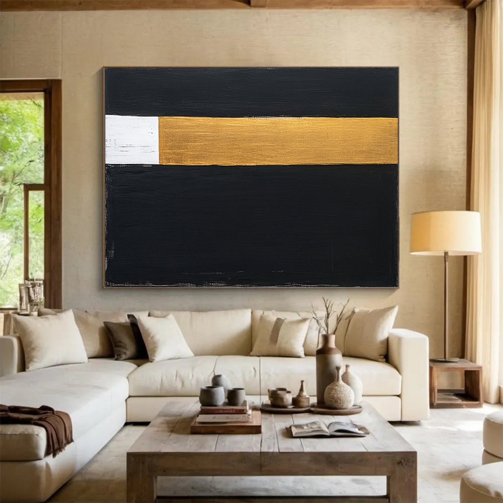 Black, Gold, White, Vertical Stripes "Elegant Divide" Abstract Modernist Painting On Canvas HB113