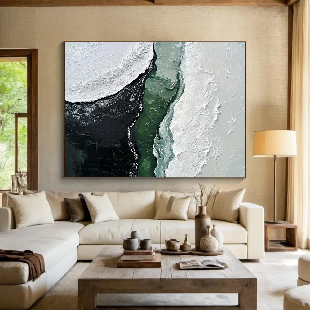 “Contrast of Textured Shapes” - White, Black, Green, Textured Abstract Painting On Canvas HB0732