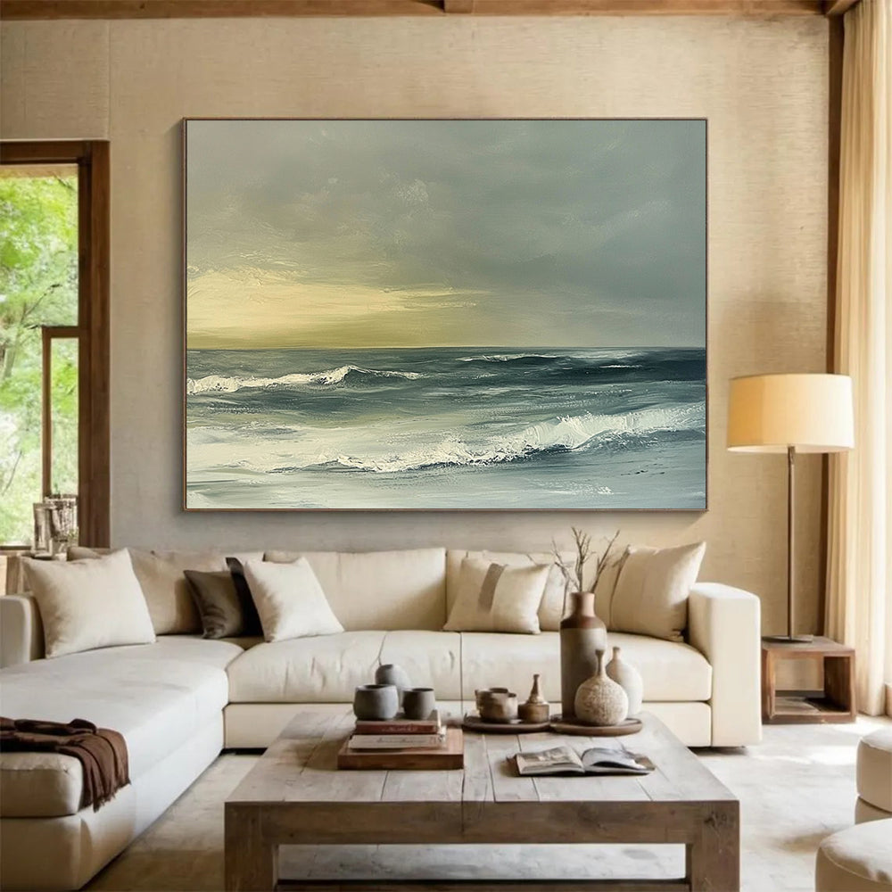 Green, Gray, White and Beige Subtle Seaside "Quiet Surf" Painting On Canvas HB0674